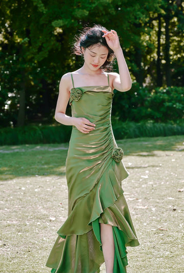 Niulatu High Low Spaghetti Straps Ruffles Green Prom Dresses Birthday Outfits SD468